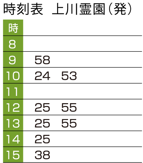 武蔵増戸駅発の時刻表上川霊園（発）